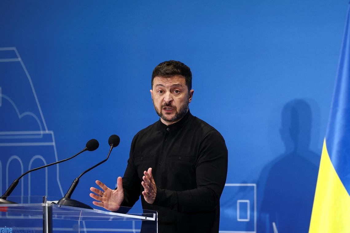 Ukrainian President Volodymyr Zelenskiy speaks during a press conference on the first day of the two-day Ukraine Recovery Conference (URC2025), on plans for the reconstruction of Ukraine, in Rome, Italy, July 10, 2025. REUTERS/Guglielmo Mangiapane