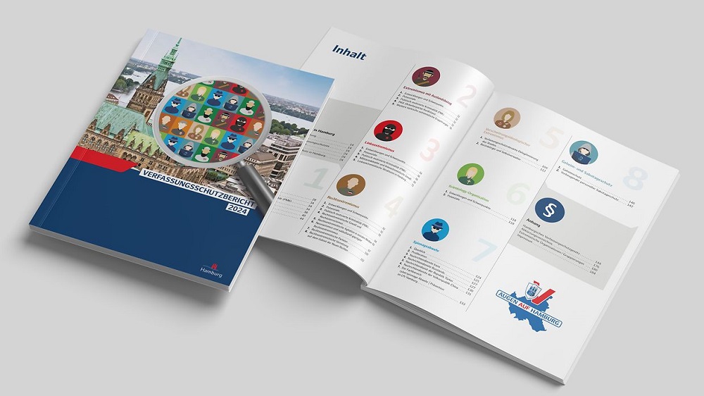 Cover and contents of the 2024 Hamburg Office for the Protection of the Constitution report