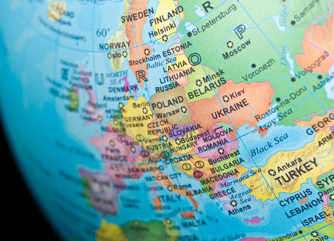 a close-up photo of Eastern Europe and Russia on a globe.