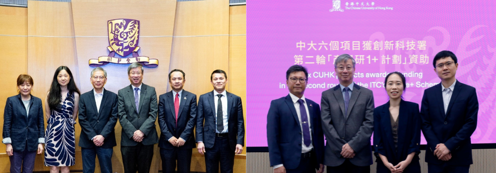 Nine research project teams led by CUHK Faculty of Engineering Professors received funding support in the first two rounds of RAISe+ Scheme, including: Left Photo - Prof. Barbara CHAN (1st left), Prof. Ni ZHAO (2nd left), Prof. Raymond YEUNG (3rd left), Prof. Hon-ki TSANG (3rd right), Prof. Yun-hui LIU (2nd right), and Prof. Samuel AU (1st right); Right Photo - Prof. Ka-wai KWOK (1st left), Prof. Yi-chun LU (2nd right), and Prof. Wei REN (1st right)