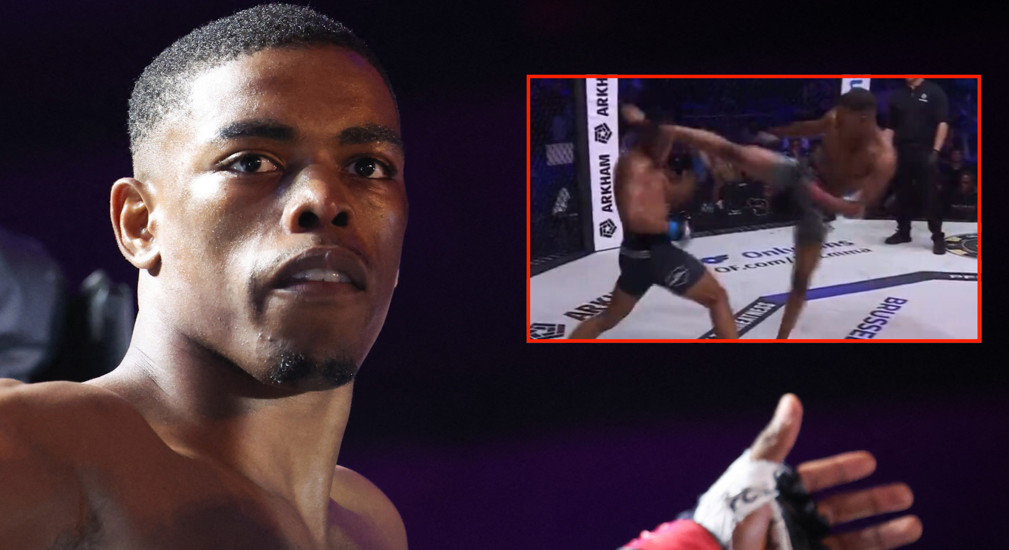 Patrick Habirora enters the PFL SmartCage for his fight at PFL Europe 2, inset Habirora kicking Danny Roberts