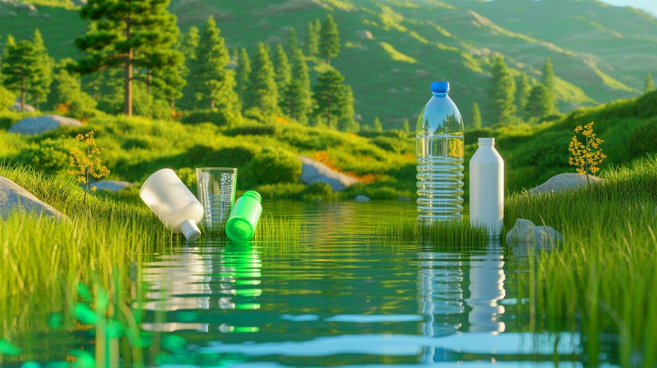 Illustration of biobased and biodegradable plastics as a solution to global plastic waste pollution, generated by artificial intelligence.