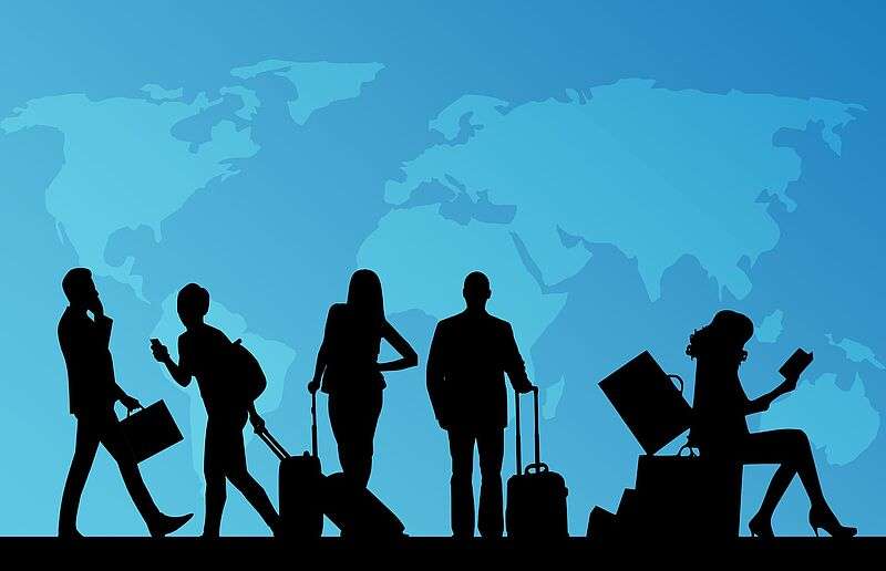 blue background, black shilouettes of people with suitcases