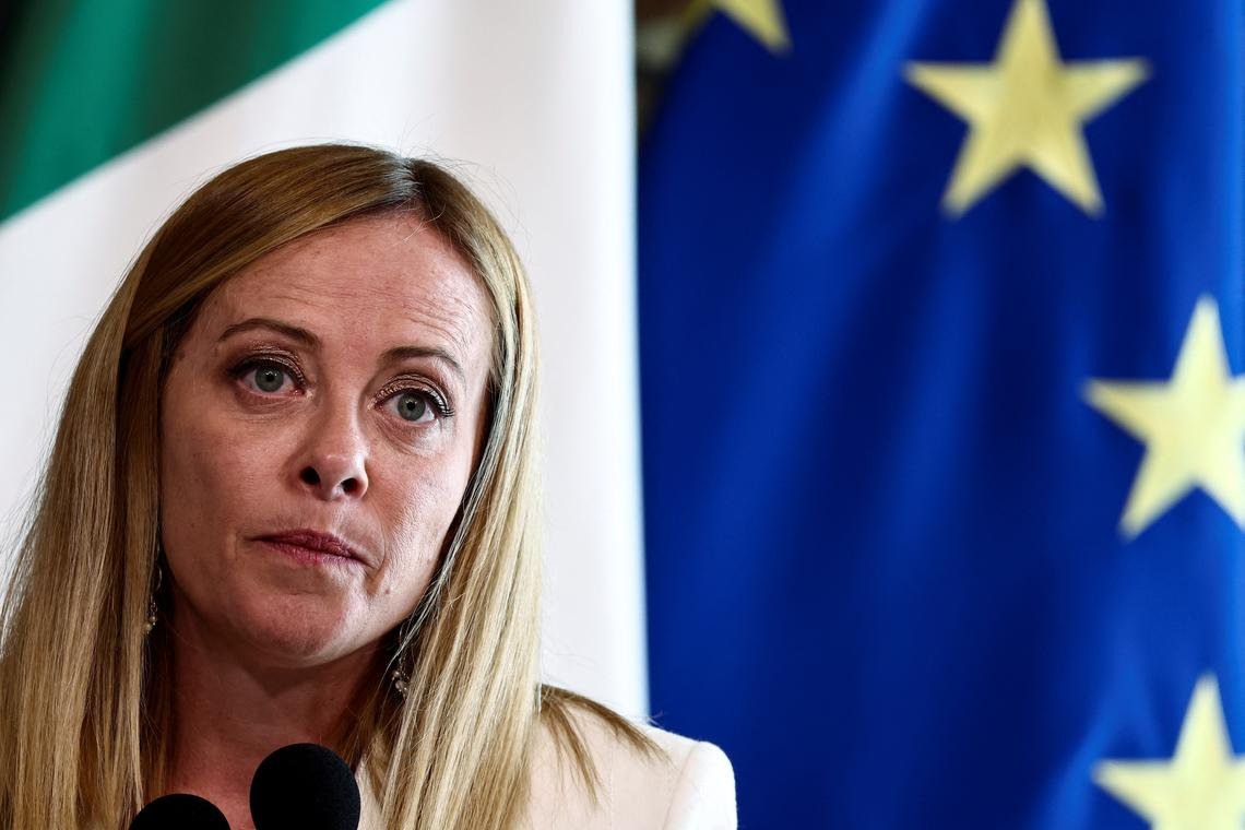 FILE PHOTO: Italian Prime Minister Giorgia Meloni speaks to the media with Austrian Chancellor Christian Stocker (not pictured) at Chigi Palace in Rome, Italy, July 15, 2025. REUTERS/Yara Nardi/File Photo