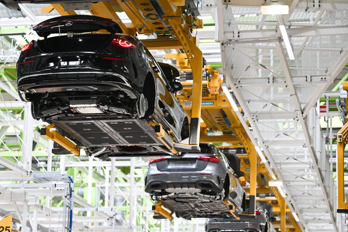 Mercedes-Benz sedans pass by on a conveyor at the assembly plant in Rastatt, Germany. The German automotive industry, which heavily exports to the U.S., is especially vulnerable to any punitive tariffs imposed by the Trump administration.