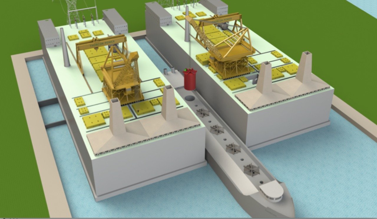 A render of Thorcon International's proposed 500MW floating nuclear plant in Indonesia. The facility will run on thorium, a radioactive metal that is more readily available than uranium but whose technology is less developed.