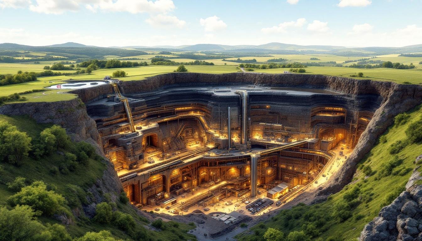 Woodsmith Mine illuminated against scenic landscape.