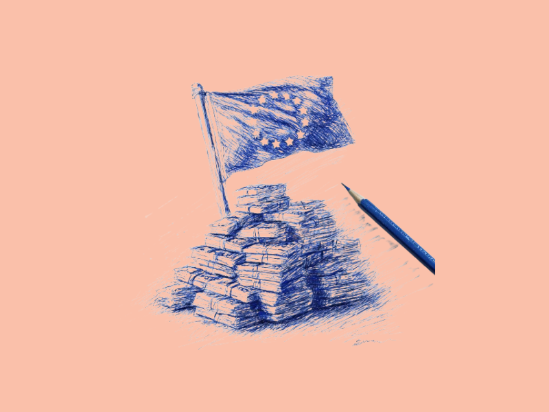 The EU flag atop a pile of dollar bills