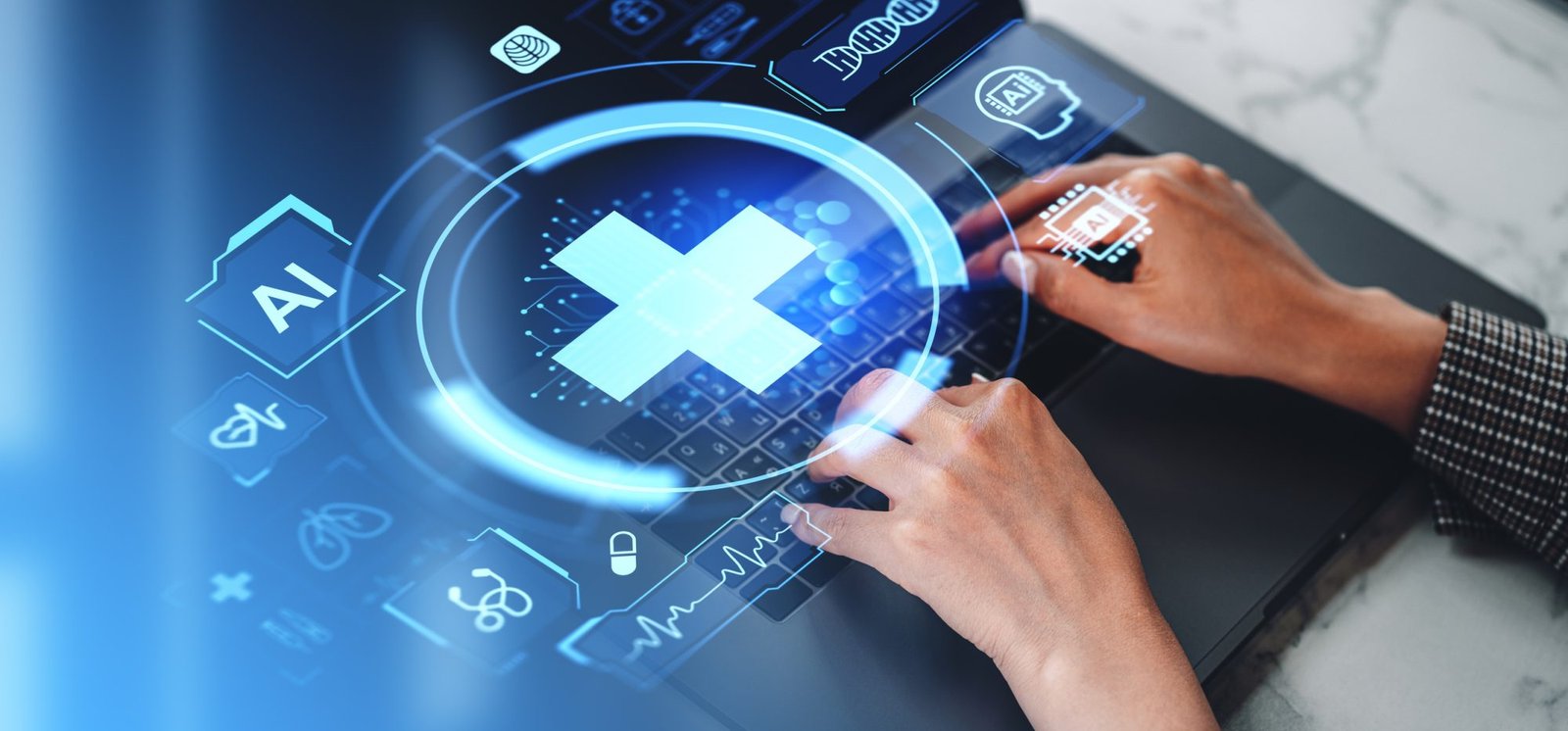 Woman hands typing in laptop, glowing medical icons and AI diagnosis