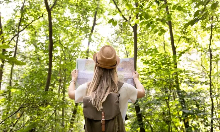A person seeing at a map in the woods