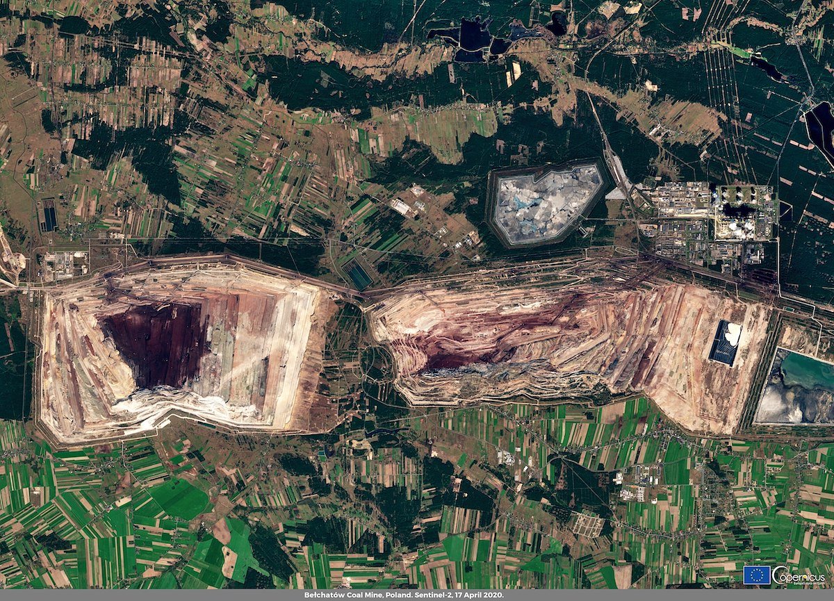 The Bełchatów coal mine, a large open-pit extraction facility in Poland in Europe.
