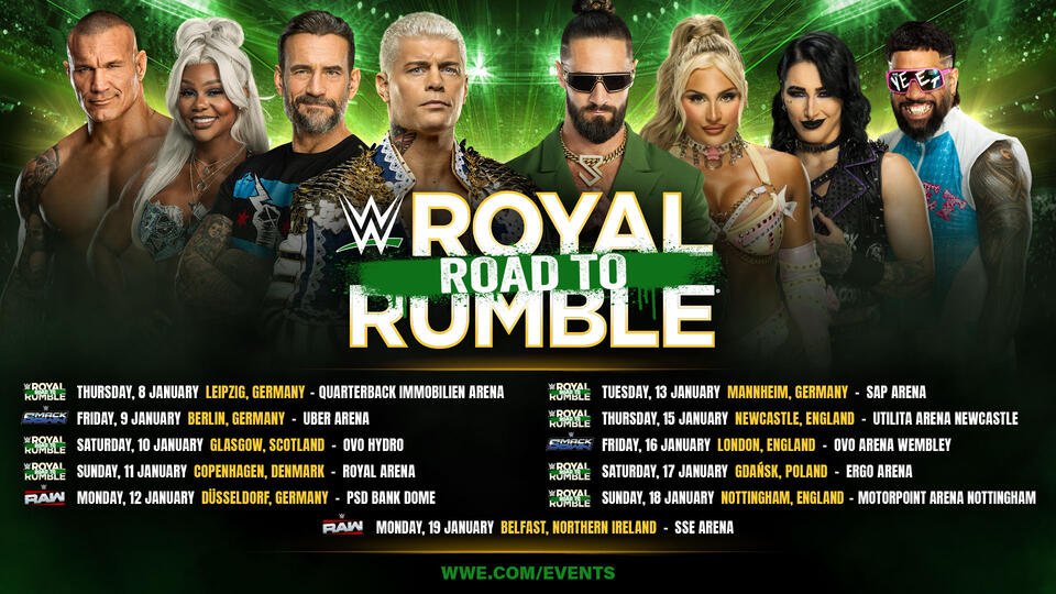 A promotional poster for WWE's Road to Royal Rumble Europe Tour, featuring several wrestlers and a green graphic background. The event dates and locations are listed, highlighting stops in various European cities.