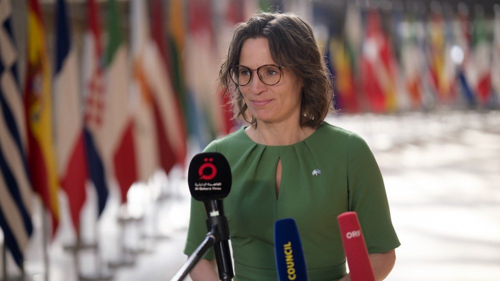 Swedish Minister for EU Affairs, President of the Council Jessika Roswell talks to media prior an EU General Affairs Ministers meeting in the Europa, the EU Council headquarter, on May 30, 2023 in Brussels, Belgium. Ministers will start preparations for the European Council meeting on 29-30 June 2023 by discussing an annotated draft agenda, and as part of the Article 7 TEU procedure, the Council will hold hearings on rule of law in Poland and respect for the EU values in Hungary. (Photo by Thierry Monasse/Getty Images)