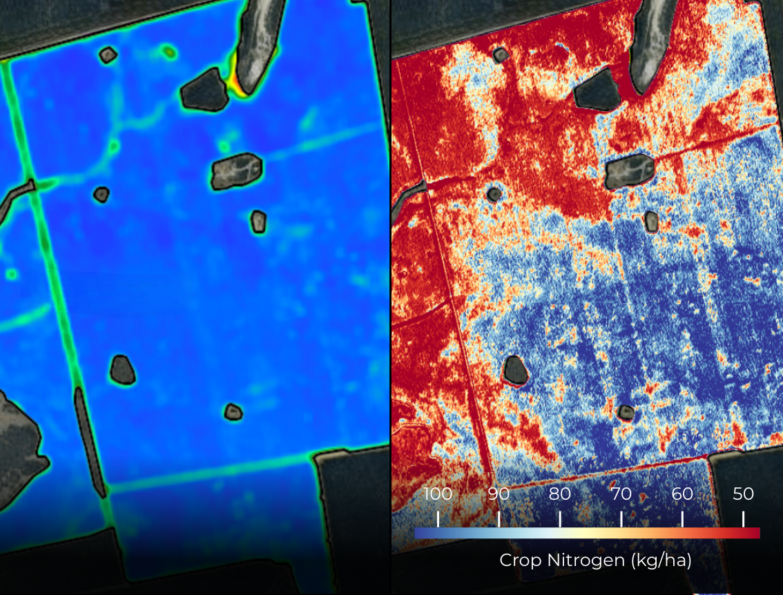 Messium’s hyperspectral satellite analysis (right) compared with standard field imagery (left). Image: Messium