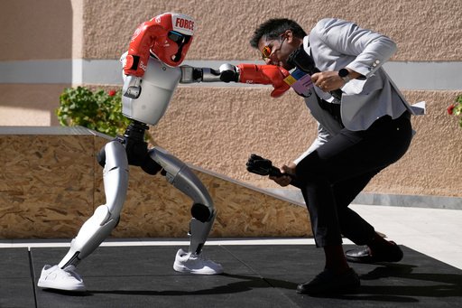 The Unitree G1 robot plays boxing with Aadeel Akhtar CEO and Founder of Psyonic at the first International Humanoid Olympiad at the Olympic Academy, in ancient Olympia, Greece, Monday, Sept. 1, 2025. (AP Photo/Thanassis Stavrakis)
