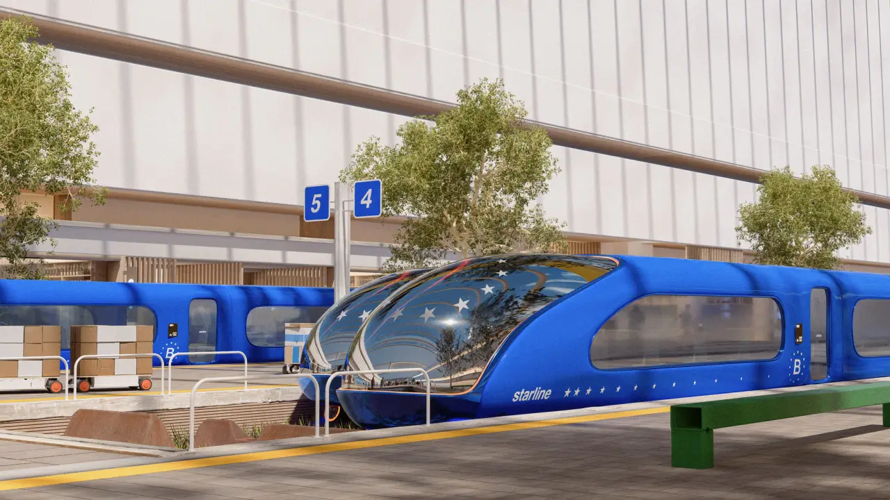 Futuristic blue Starline high-speed train at modern station platform.