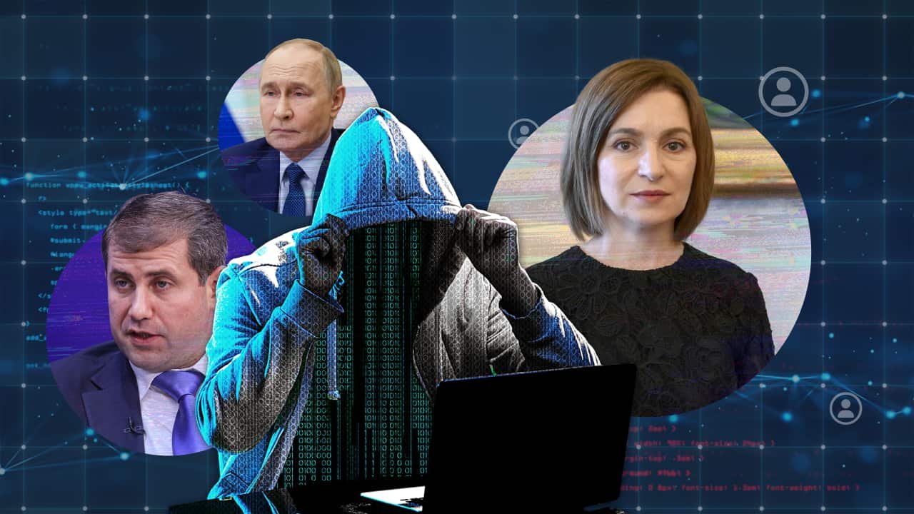 A graphic image showing the headshots of three people and a inset of a hacker.