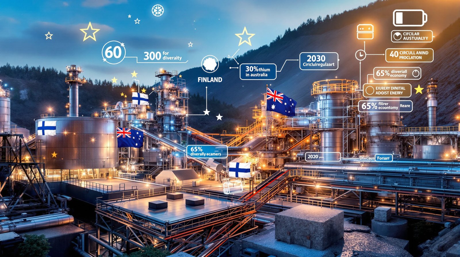 Finland and Australia flags at industrial facility.