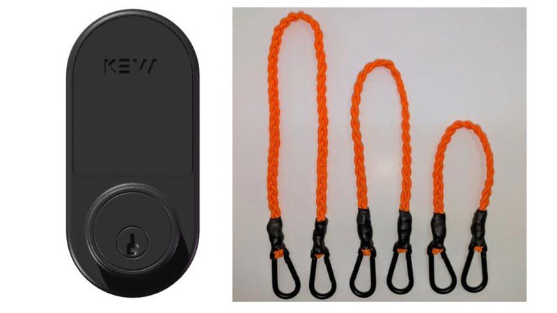 A photo of an automatic residence lock and a photo of bungee straps.