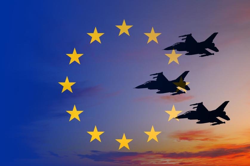 Fighter jets and EU flag. Military aviation in Europe