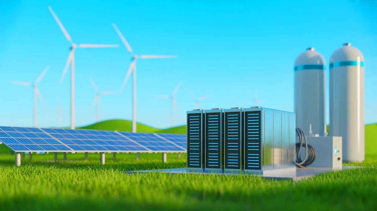 Illustration of a Swiss startup combining battery storage and hydrogen technology to stabilize European power grids.