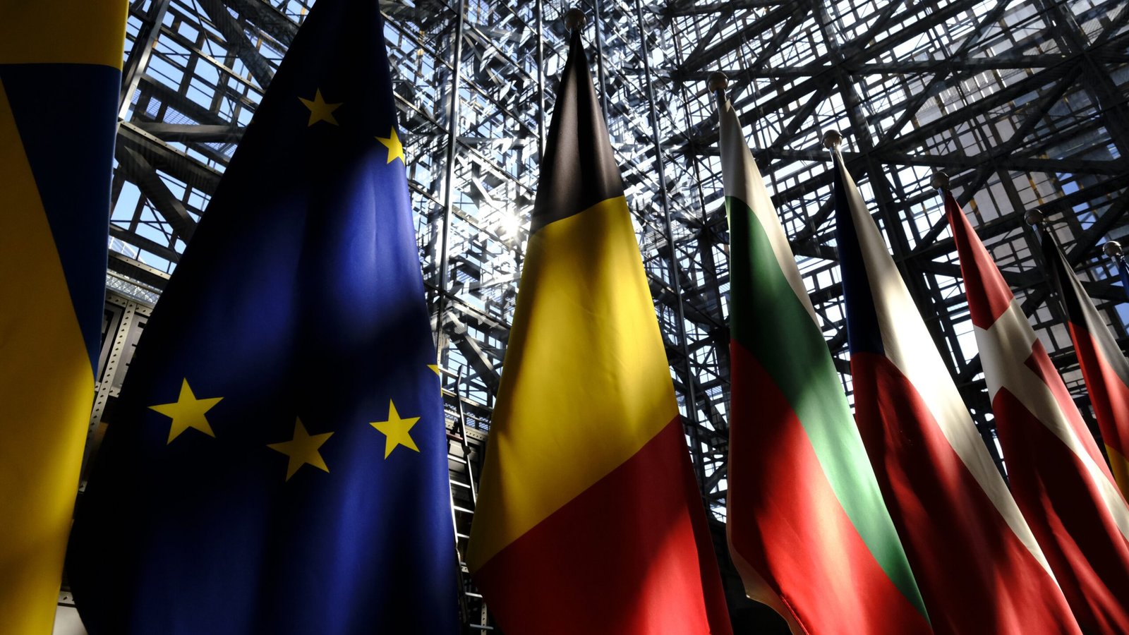 Flags of the EU members states with the German flag next to the EU flag