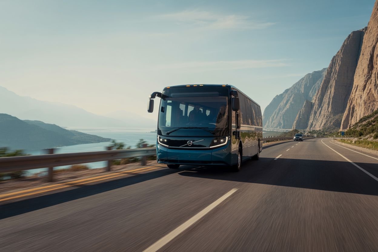 The volvo bzr electric coach chassis in motion, showcasing its long-range capabilities.