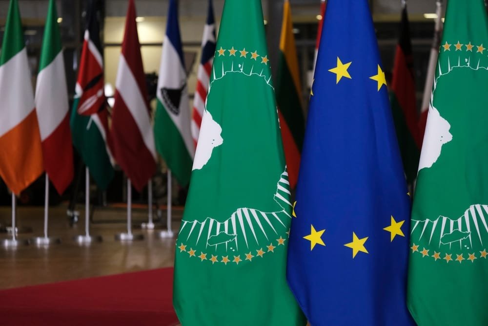 Flags of African Union and European Union stand in European council in Brussels, Belgium on February 18, 2022. Copyright: Alexandros Michailidis