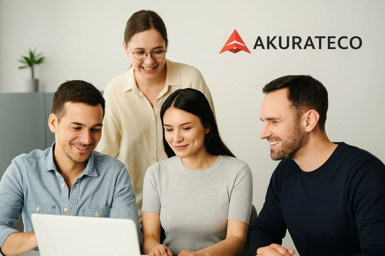 Four people sit and stand around a laptop, smiling, with the Akurateco logo and name visible on the wall behind them.
