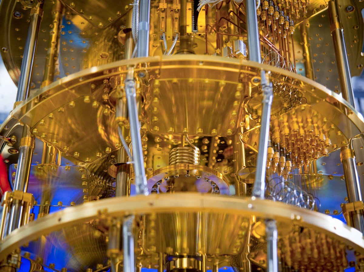 The golden outer section of a quantum computer up close.