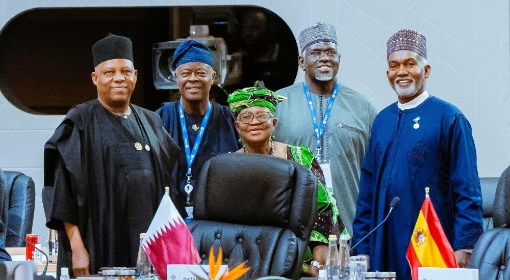 (L-R) Vice President Kashim Shettima, Minster of Finance, Mr Wale Edun, Director-General, World Trade Organization, Dr. Ngozi Okonjo-Iweala, Director, Global Institution Fed Ministry of Foreign Affairs,Amb BB Hamman and Minster of Foreign Affairs, Amb Yusuf Maitama Tuggar during the Artificial Intelligence Session of the G20 Summit holding in Johannesburg,South Africa on Sunday, 23-11-2025.