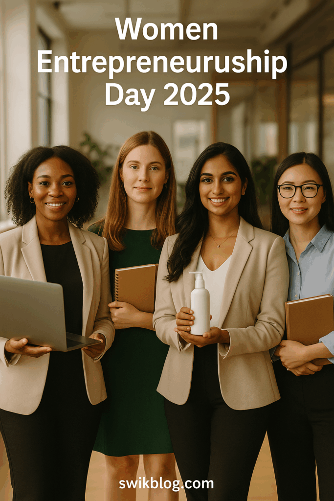 “Diverse group of confident women entrepreneurs standing together in a bright modern office, holding laptops, notebooks and product prototypes, for Women’s Entrepreneurship Day 2025 with swikblog.com branding.”