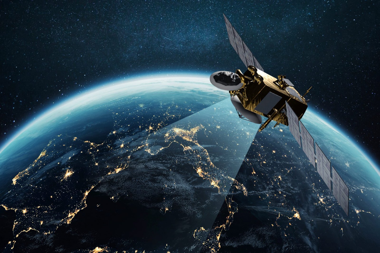 Communication and Telecommunications from Space. Broadcasting, Concept. Communication satellite flies near the night planet earth with night lights of megacities in space with stars. Europe