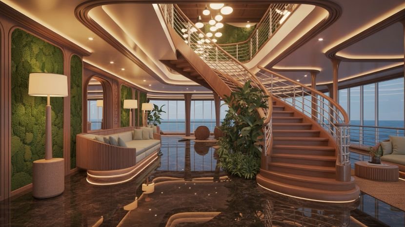 The lobby of the s. S. Emilie, designed to reflect both luxury and sustainability for the modern traveller.