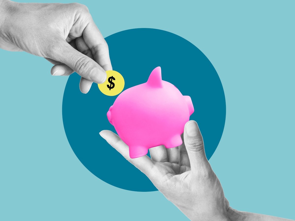 A blue background with a darker blue circle in the middle. The circle has a pink piggy bank held by a hand coming from the right and a hand to the left is dropping a coin into the bank.