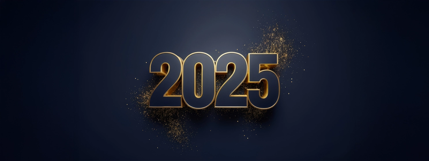 Luxurious golden 2025 displayed on a dark blue backdrop. Premium background for banners.