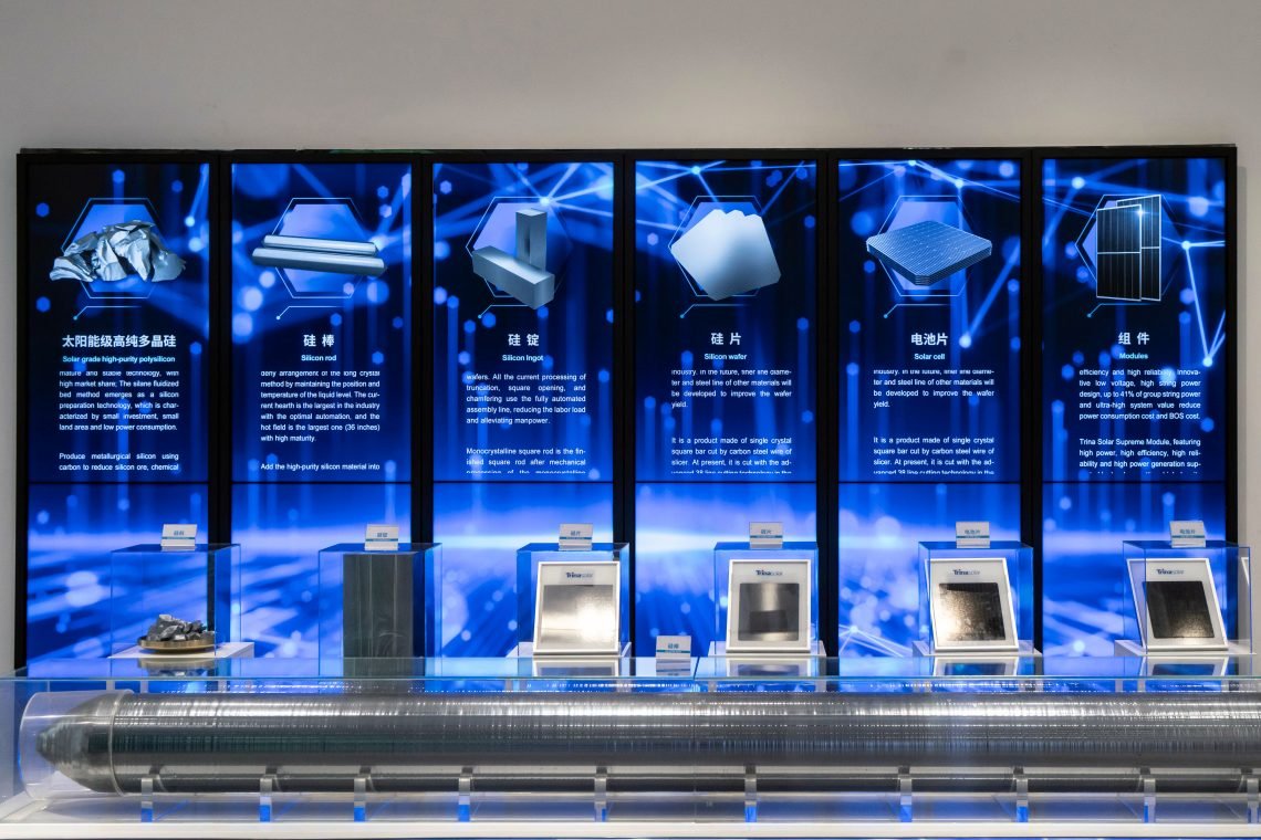 Sep. 26: Various stages of a photovoltaic panel production displayed at the Trina Solar Co. offices in Changzhou, China.