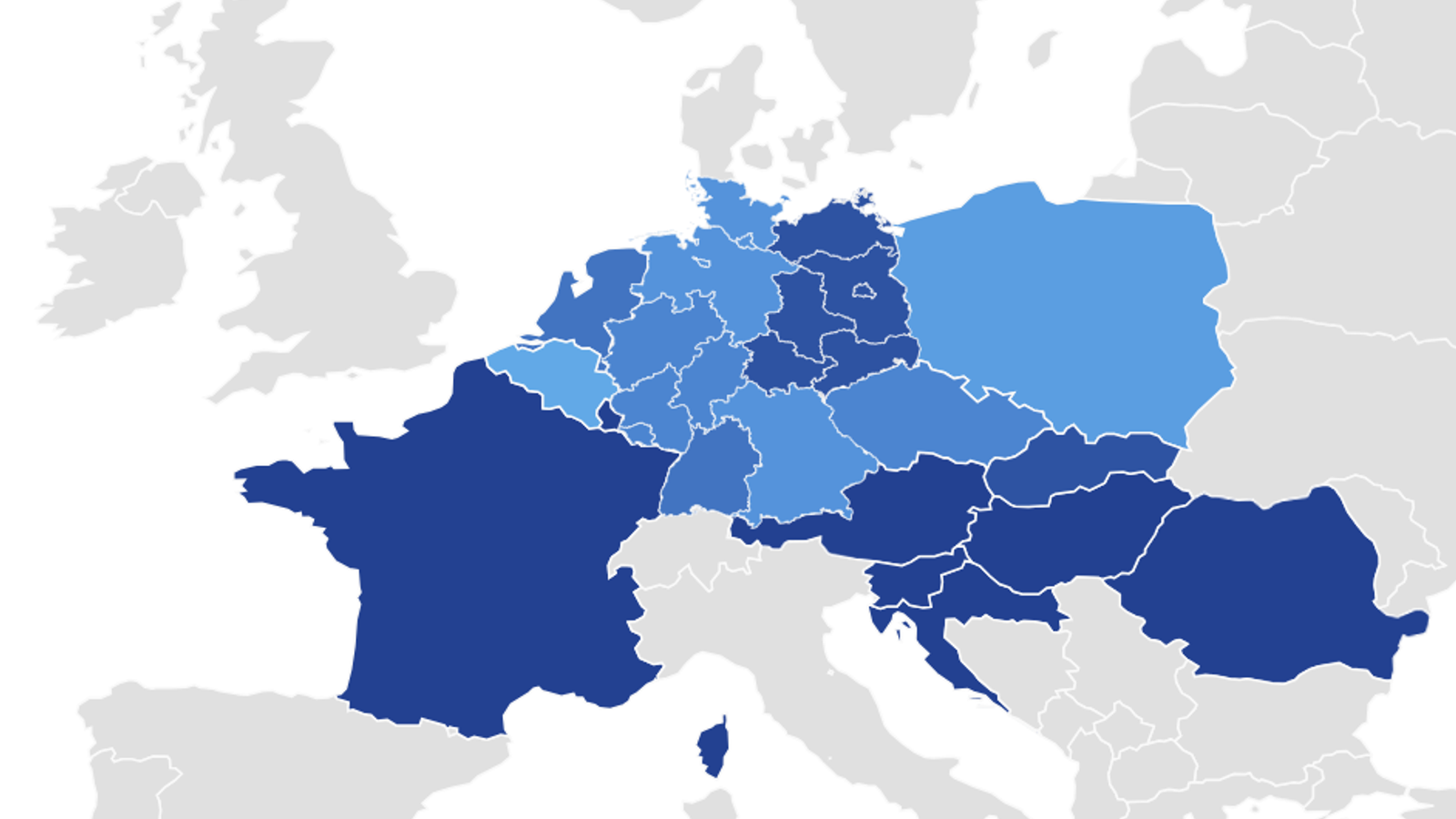 Visualisation of the DLR adoption score. Each region is colour-coded by performance, reflecting the share of lines and kilometres equipped with DLR, recent expansions since 2021, and the resulting ampacity gains. A higher score is reflected by a light blue colour and a lower score is reflected by a dark blue colour. Grey indicates insufficient publicly available data to derive a score.