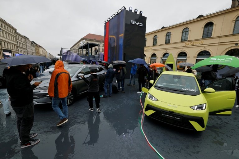BYD cars on display at the Munich auto show. Chinese carmakers are making inroads in Germany