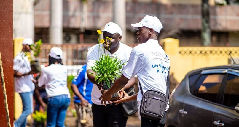 People loading plants in pots. BGFI bank is raising capital via IPO on the BVMAC exchange.