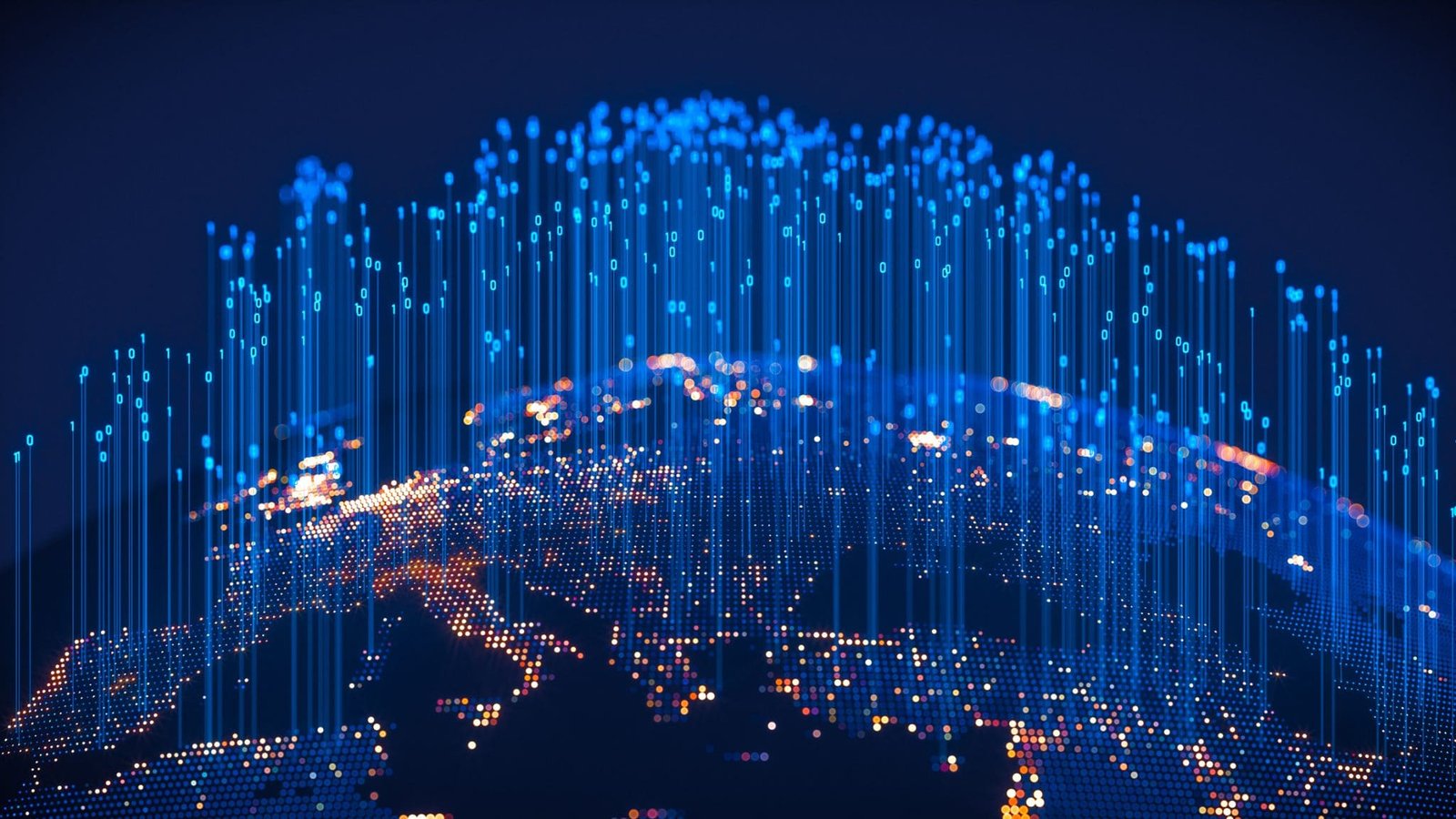 Digital Globe With Binary Fibers Growing From Cities