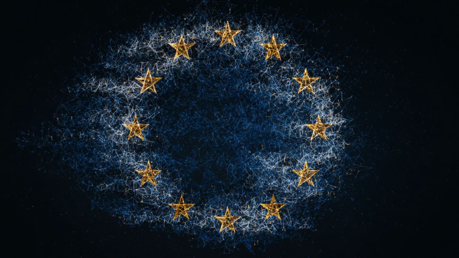European Union motif of twelve golden stars forming a circle amidst a blue, web-like digital network on a dark background