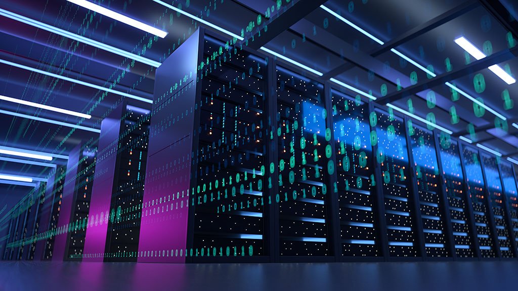 Working Data Center Full of Rack Servers and Supercomputers, Modern Telecommunications, Artificial Intelligence, Supercomputer Technology Concept.3d rendering,conceptual image.