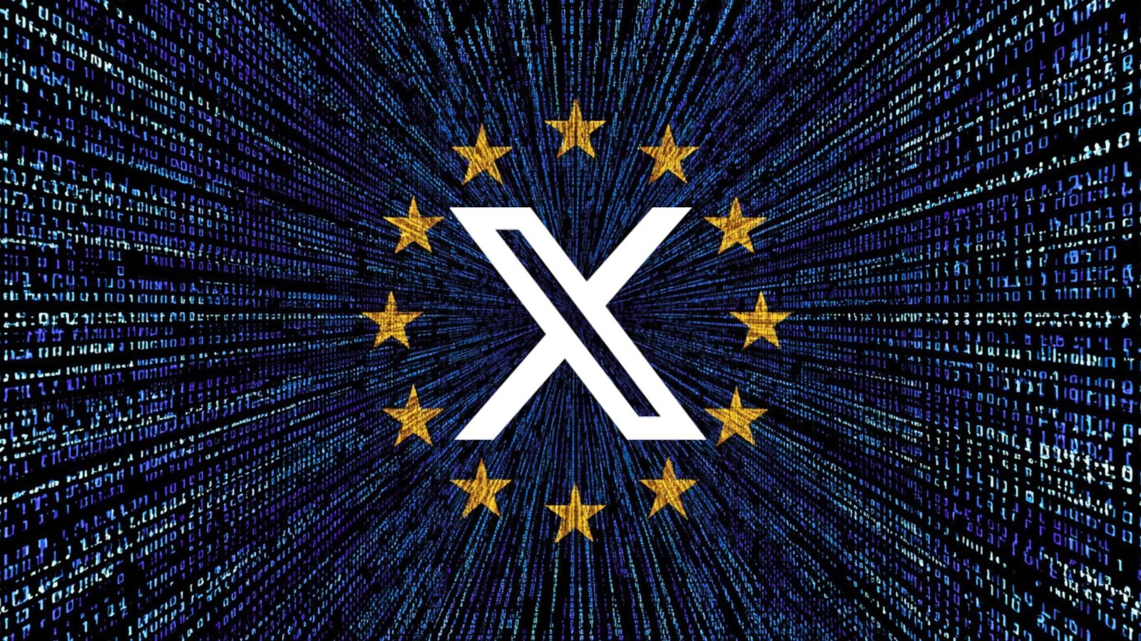 White X logo centered inside a ring of twelve yellow European Union stars over a radial field of blue binary code