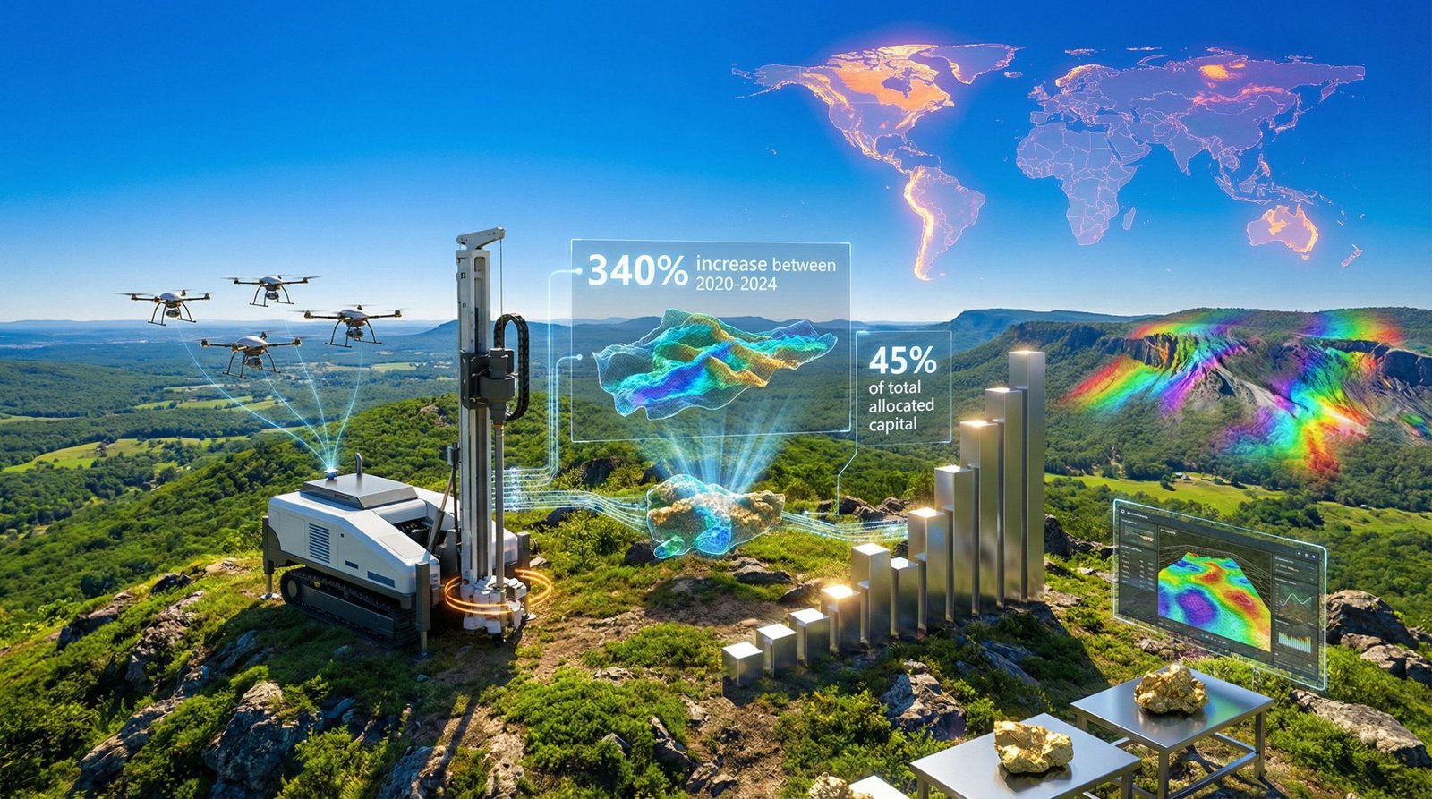 Futuristic landscape illustrating mineral exploration technology.