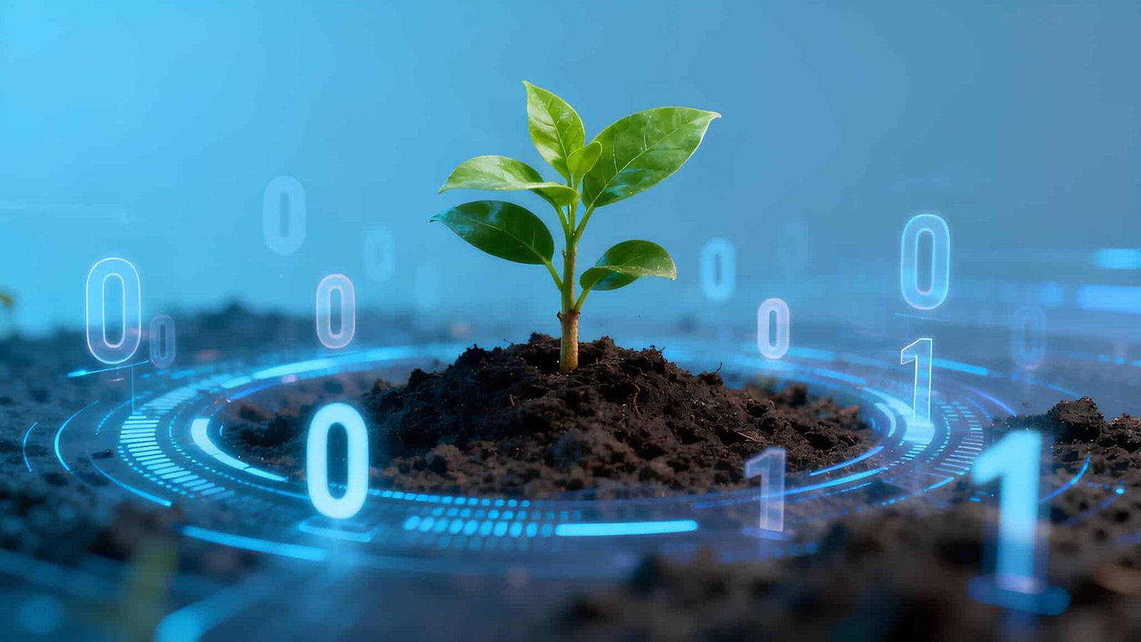 Smart greenhouse with young plant illuminated by digital data streams, symbolizing innovation, AI technology, sustainability, and eco-friendly agriculture for modern farming and future food production