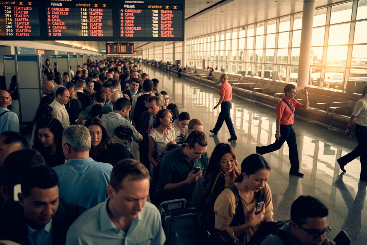 "a vibrant, dynamic scene capturing the hustle and bustle of an airport terminal during the tsa shutdown delays, with frustrated passengers waiting in long lines, flight boards displaying cancellations, and airline staff assisting travelers. The image features a striking contrast between the chaos and the serene, sunlit lounges in the background, with bright colors highlighting the contrast of the travel disruption. The scene should exude urgency and tension, showcasing the real impact of travel delays while maintaining a vivid, impactful look that grabs attention