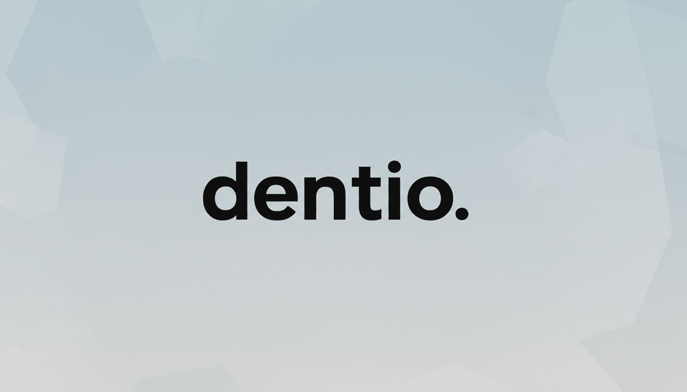 The Dentio logo, featuring the word dentio. in black lowercase letters with a period at the end, centered on a professional light gray background with subtle geometric patterns.