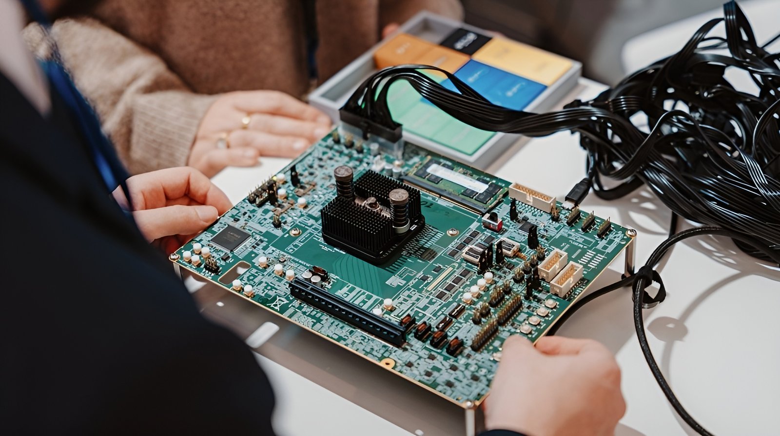Two people examining a green electronic circuit board connected to multiple black cables, with a tray of colorful chips in