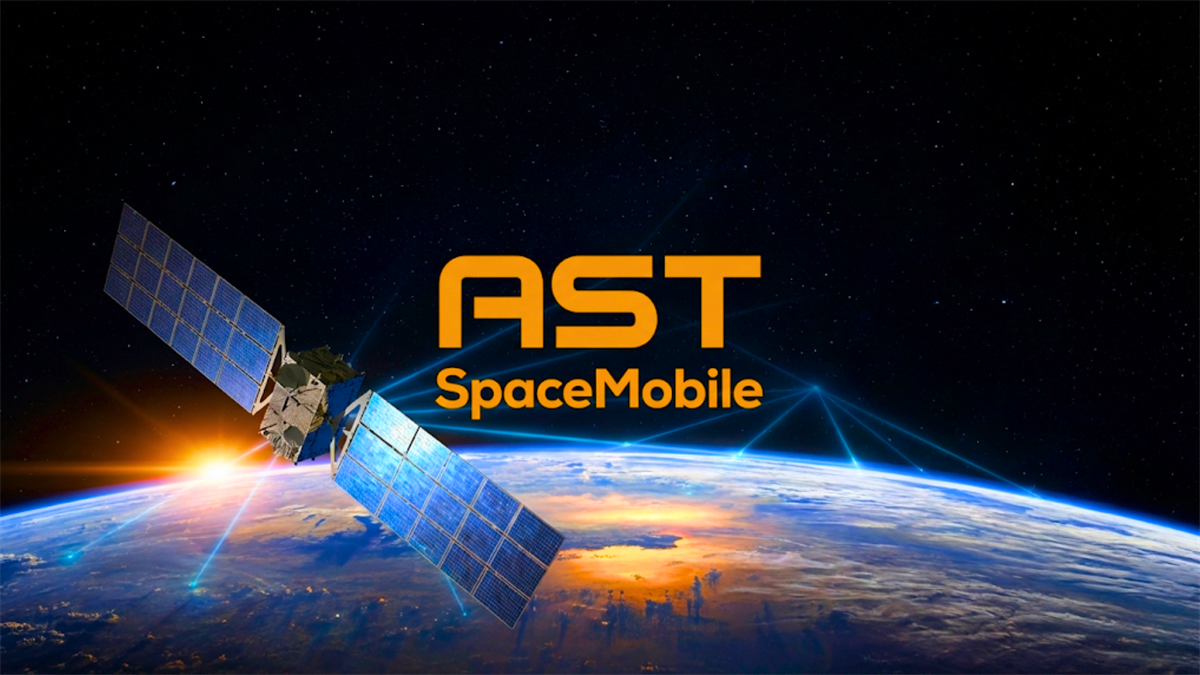 AST SpaceMobile logo above a sainformite in orbit over Earth, highlighting space-based wireless expansion.